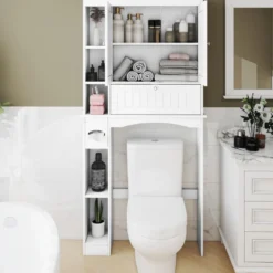 Toilettenschrank mit 3 Türen & Verstellbaren Regalböden Holz Toilettenregal Weiß