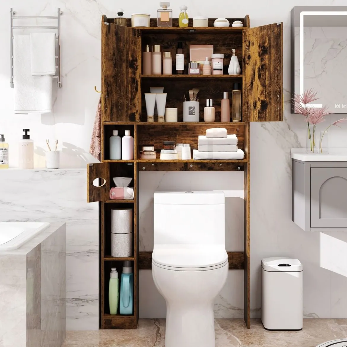 Toilettenschrank mit 2-Türschrank & 6 Offenen Fächern & Taschentuchbox Überbauschrank Braun