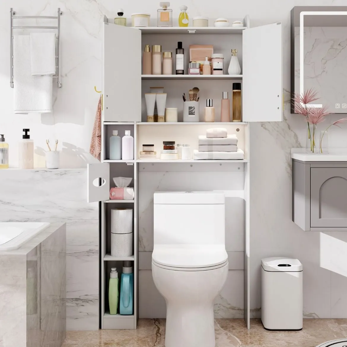 Toilettenschrank mit 2-Türschrank & 6 Offenen Fächern & Taschentuchbox Überbauschrank Weiß