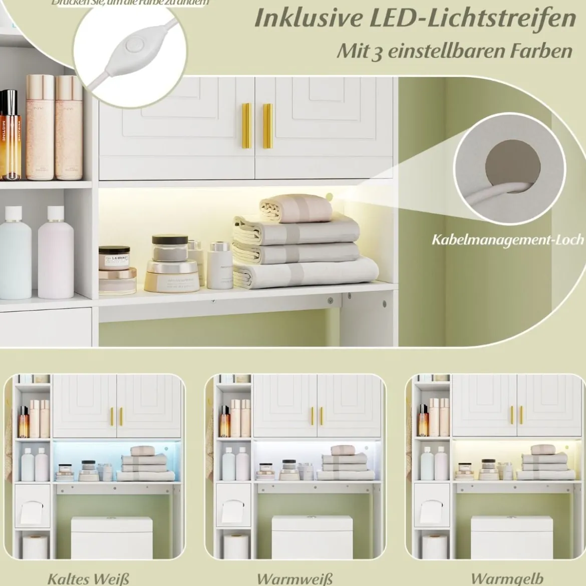 Toilettenschrank mit 2-Türschrank & 6 Offenen Fächern & Taschentuchbox Überbauschrank Weiß