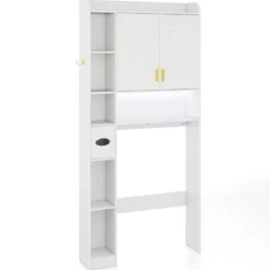 Toilettenschrank mit 2-Türschrank & 6 Offenen Fächern & Taschentuchbox Überbauschrank Weiß
