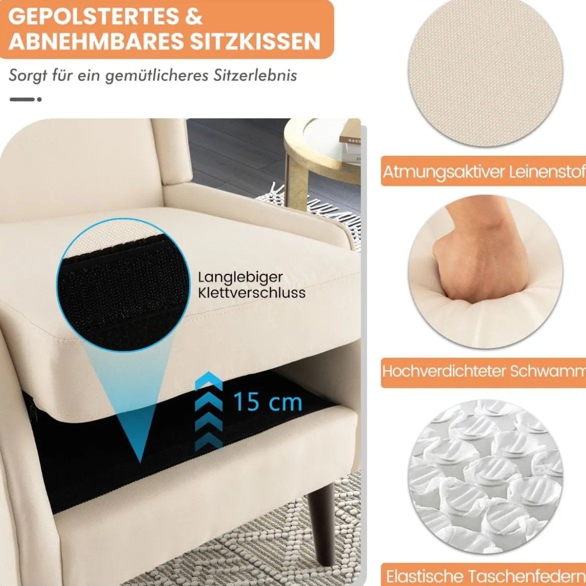 Traditioneller Ohrensessel aus Stoff mit Hoher Rückenlehne & Elastischen Taschenfedern Weiß