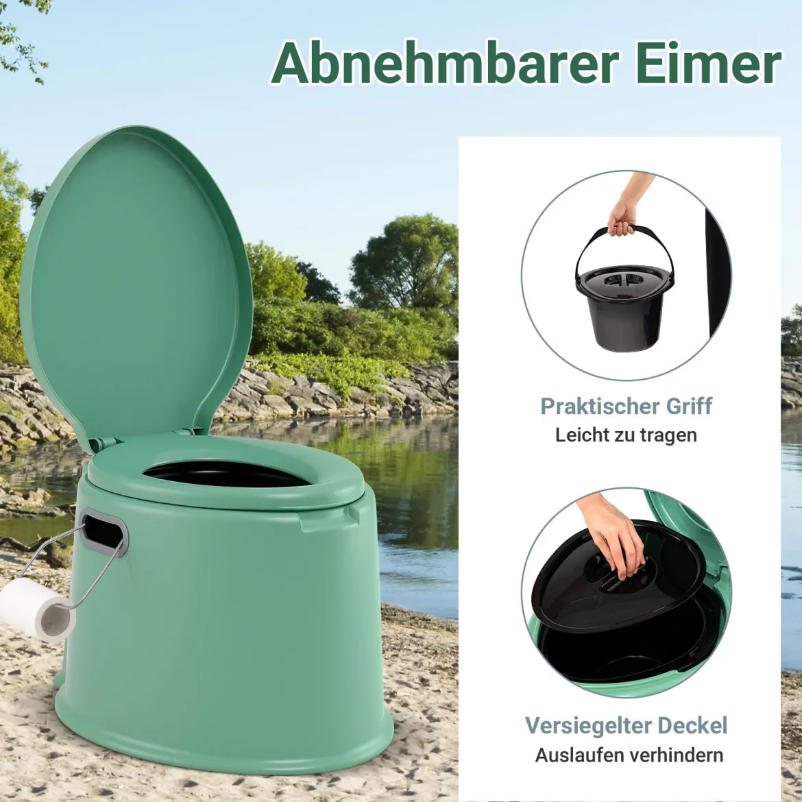 Tragbare Campingtoilette mit Abnehmbarem Eimereinsatz Reisetoilette bis 200 kg Belastbar Grün