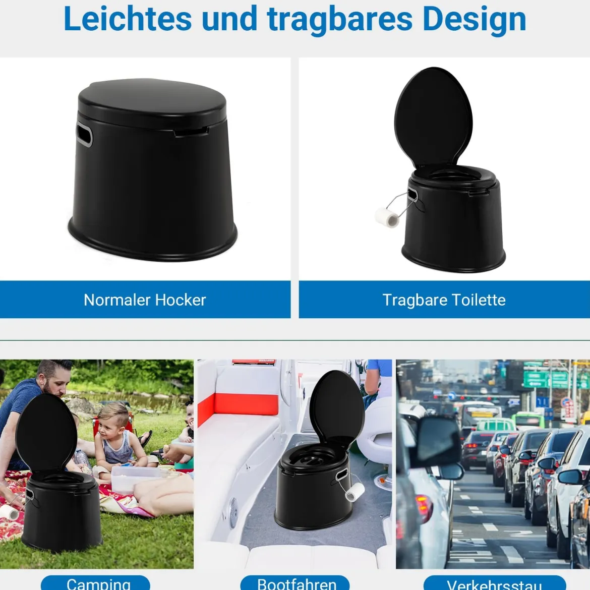 Tragbare Campingtoilette mit Abnehmbarem Eimereinsatz Reisetoilette bis 200 kg Belastbar Schwarz