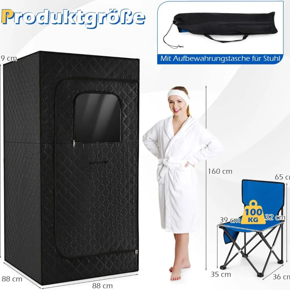 Tragbare Dampfsauna-Box mit Klappbarer Stuhl & Matte Persönliches Heim-Spa Schwarz