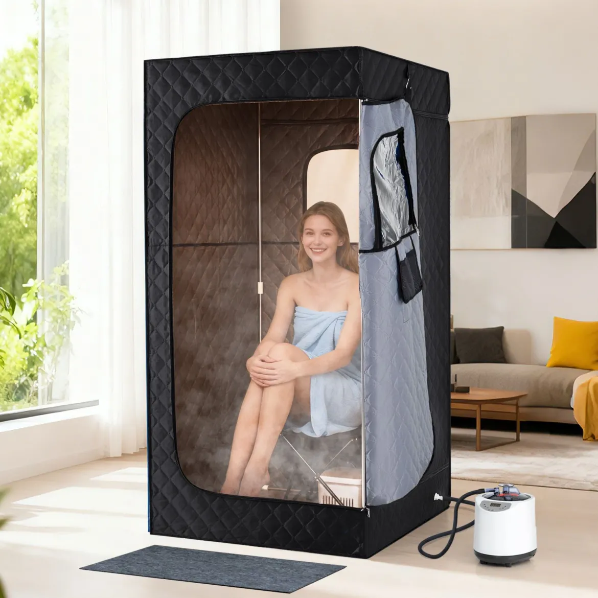 Tragbare Dampfsauna-Box mit Klappbarer Stuhl & Matte Persönliches Heim-Spa Schwarz