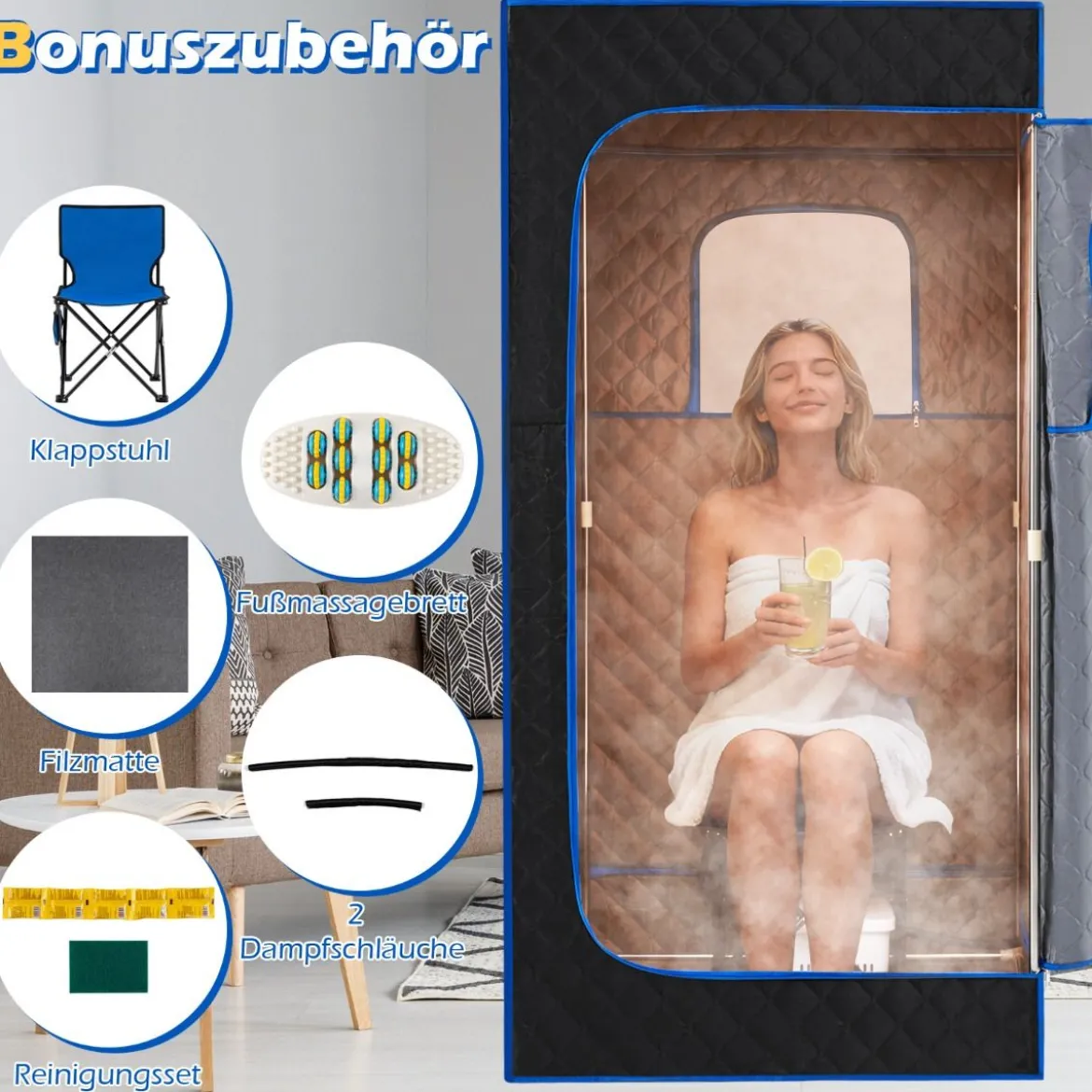 Tragbare Dampfsauna-Box mit Klappbarer Stuhl & Matte Persönliches Heim-Spa Blau