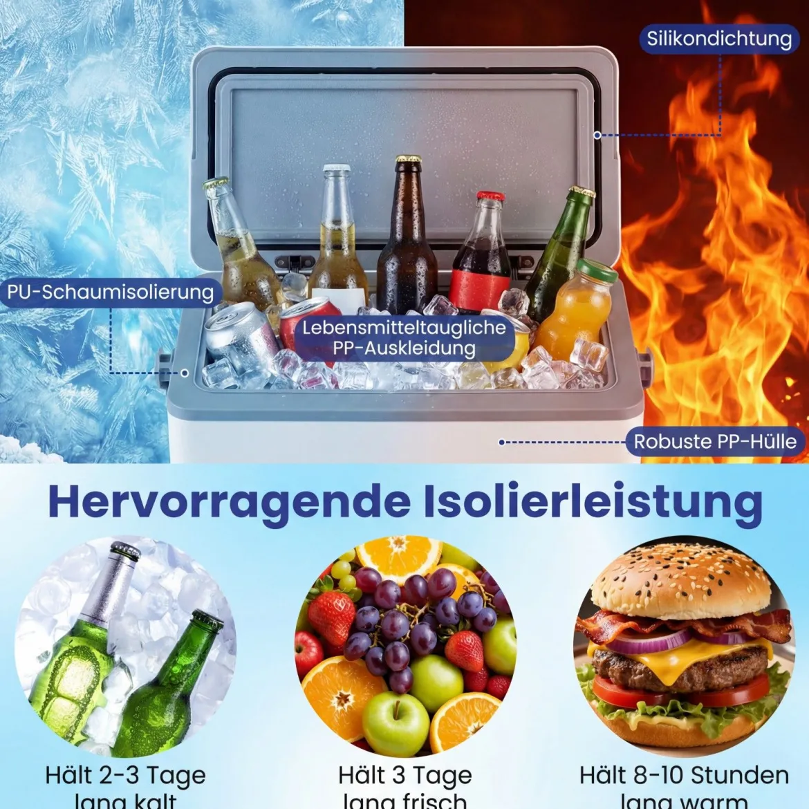 Tragbare Hartschalen-Kühlbox 12 L isolierte Kühlbox mit Komfortgriff auslaufsichere Kühltruhe Weiß