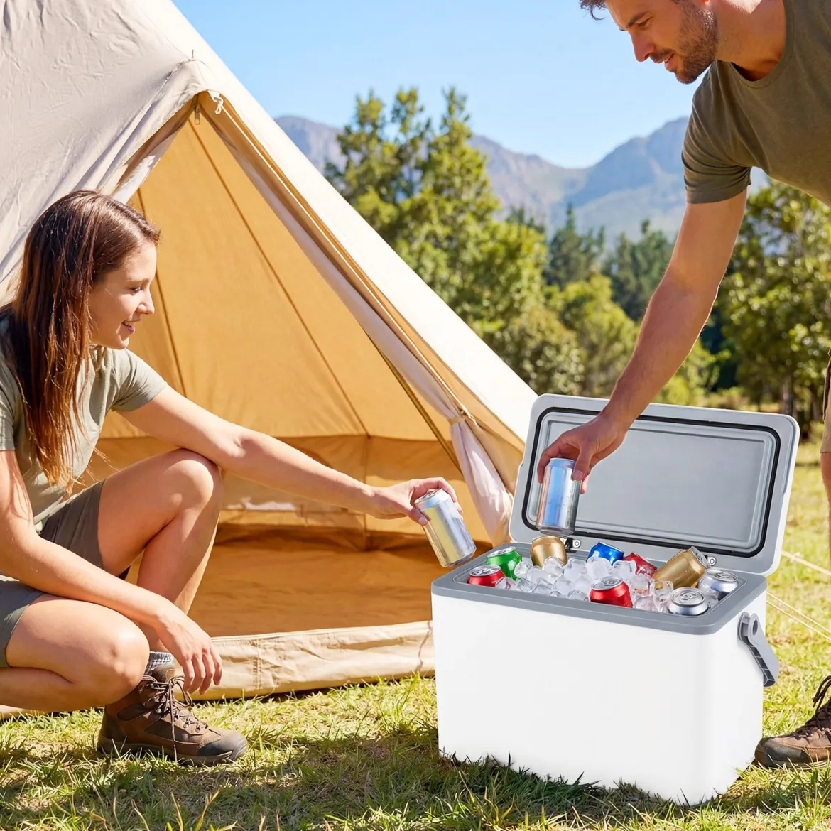 Tragbare Hartschalen-Kühlbox 12 L isolierte Kühlbox mit Komfortgriff auslaufsichere Kühltruhe Weiß