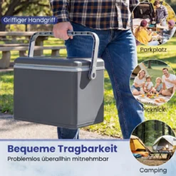 Tragbare Hartschalen-Kühlbox 12 L isolierte Kühlbox mit Komfortgriff auslaufsichere Kühltruhe Dunkelgrau