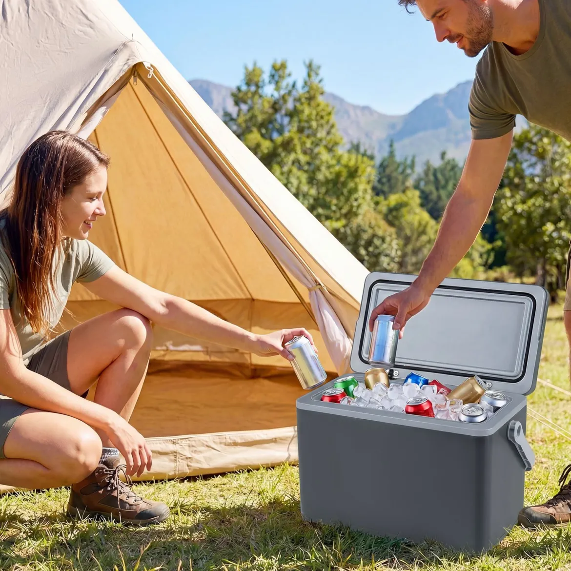 Tragbare Hartschalen-Kühlbox 12 L isolierte Kühlbox mit Komfortgriff auslaufsichere Kühltruhe Dunkelgrau
