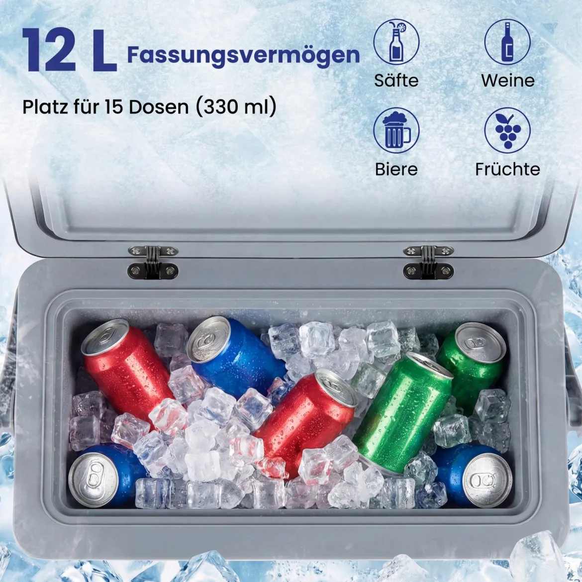 Tragbare Hartschalen-Kühlbox 12 L isolierte Kühlbox mit Komfortgriff auslaufsichere Kühltruhe Dunkelgrau