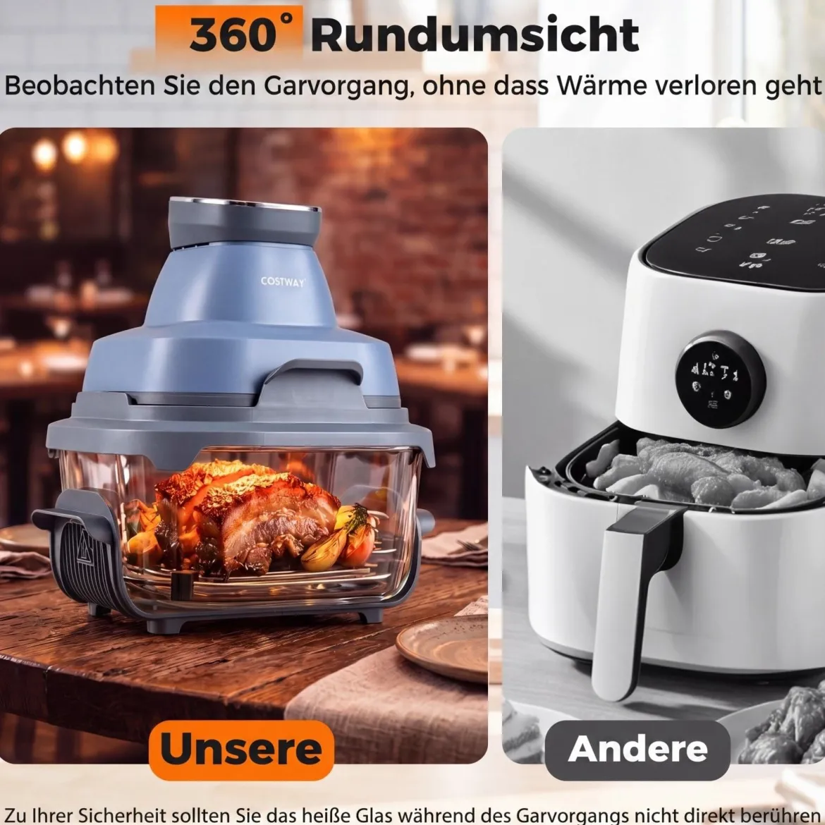 Tragbare 6-in-1 Heißluftfritteuse Heißluftfrittieren und Backen 4 L & 1,7 L Glasbehälter 1500 W Blau/Schwarz