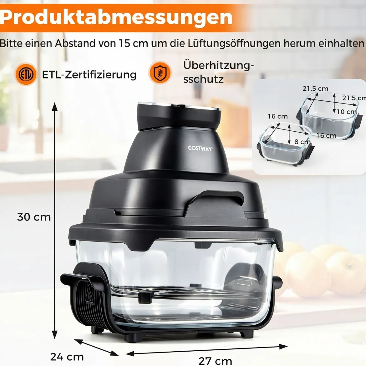 Tragbare 6-in-1 Heißluftfritteuse Heißluftfrittieren und Backen 4 L & 1,7 L Glasbehälter 1500 W Blau/Schwarz