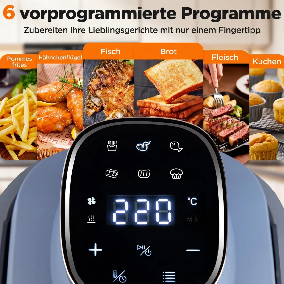 Tragbare 6-in-1 Heißluftfritteuse Heißluftfrittieren und Backen 4 L & 1,7 L Glasbehälter 1500 W Blau/Schwarz