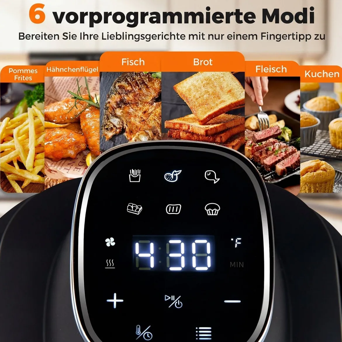 Tragbare 6-in-1 Heißluftfritteuse Heißluftfrittieren und Backen 4 L & 1,7 L Glasbehälter 1500 W Blau/Schwarz