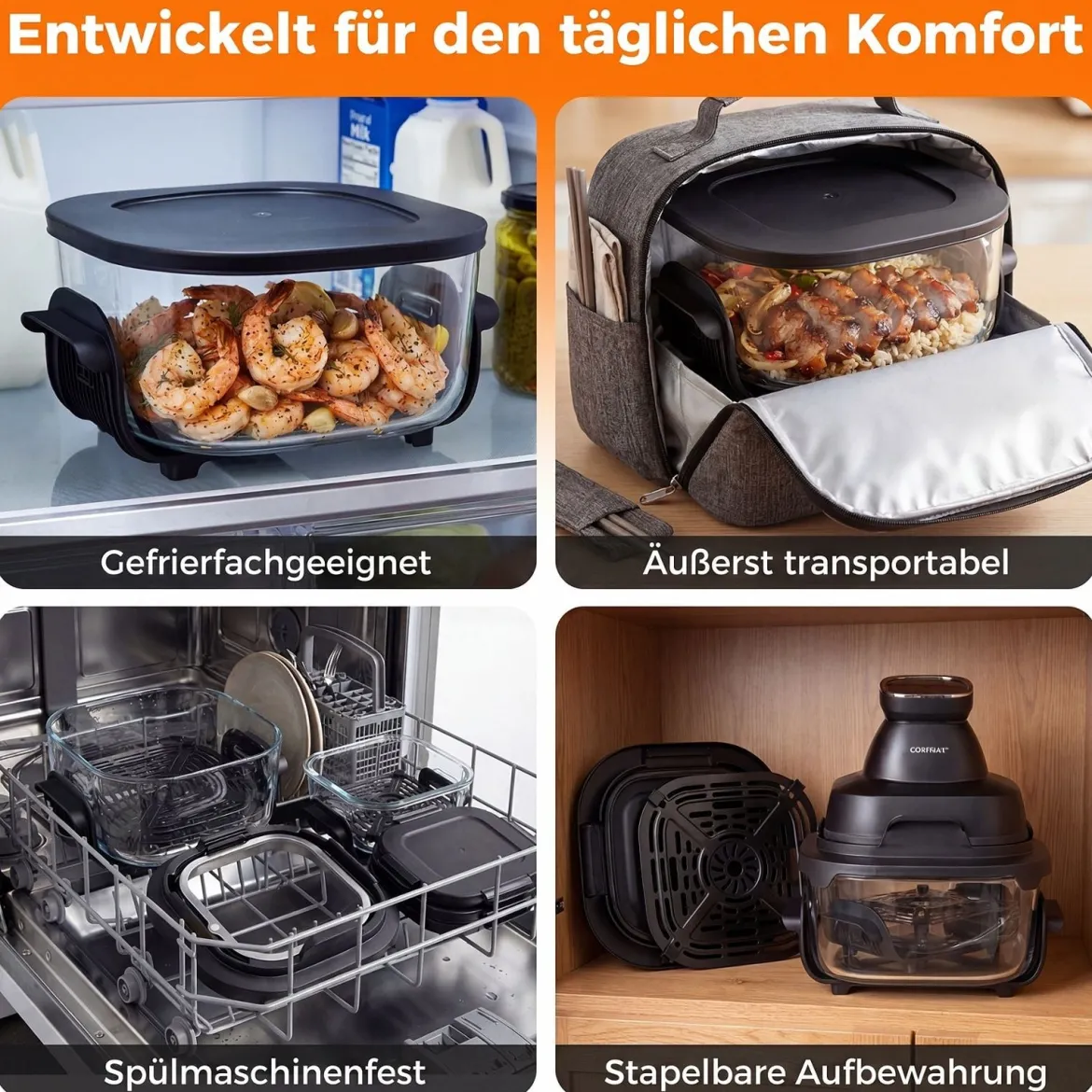 Tragbare 6-in-1 Heißluftfritteuse Heißluftfrittieren und Backen 4 L & 1,7 L Glasbehälter 1500 W Blau/Schwarz