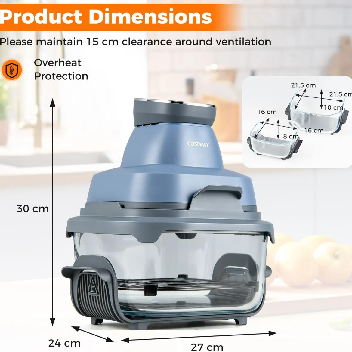 Tragbare 6-in-1 Heißluftfritteuse Heißluftfrittieren und Backen 4 L & 1,7 L Glasbehälter 1500 W Blau/Schwarz