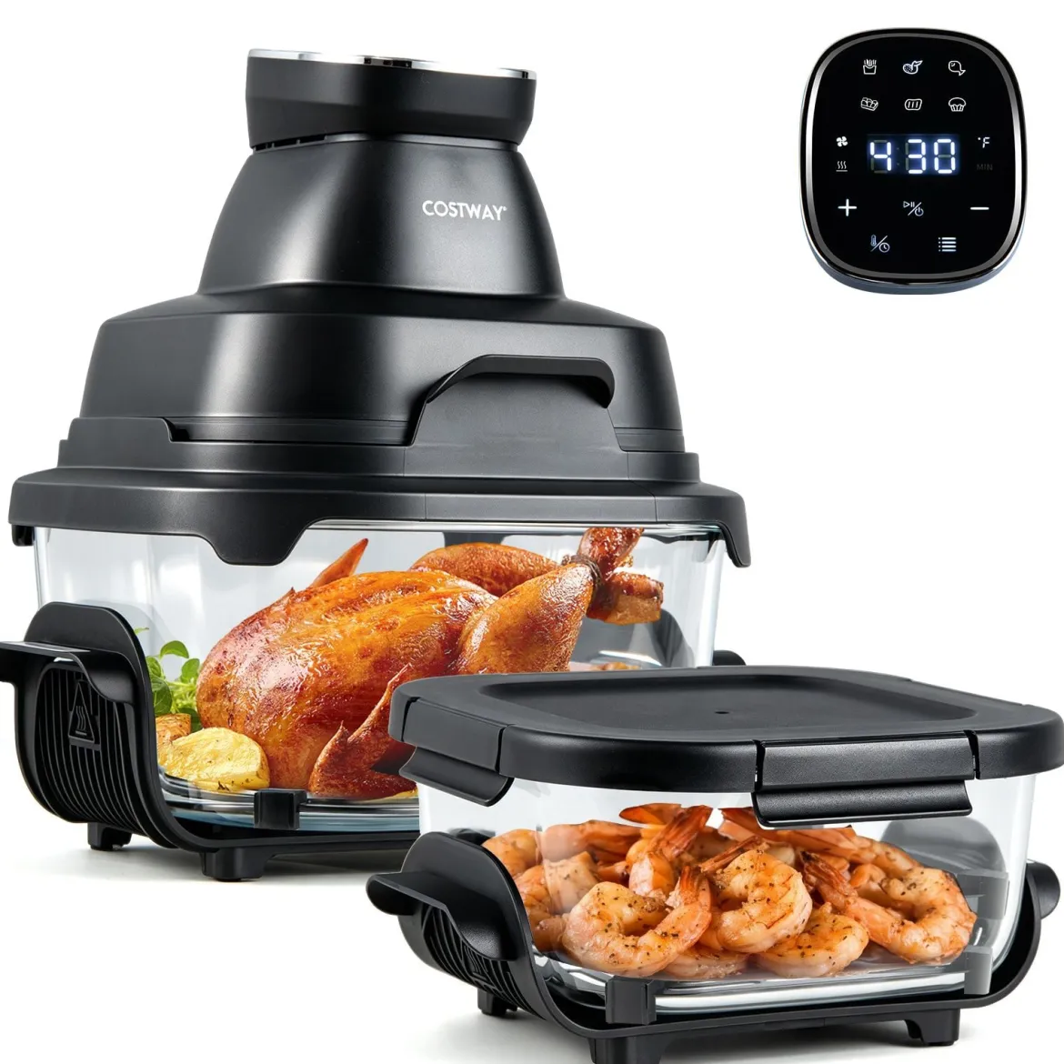 Tragbare 6-in-1 Heißluftfritteuse Heißluftfrittieren und Backen 4 L & 1,7 L Glasbehälter 1500 W Blau/Schwarz