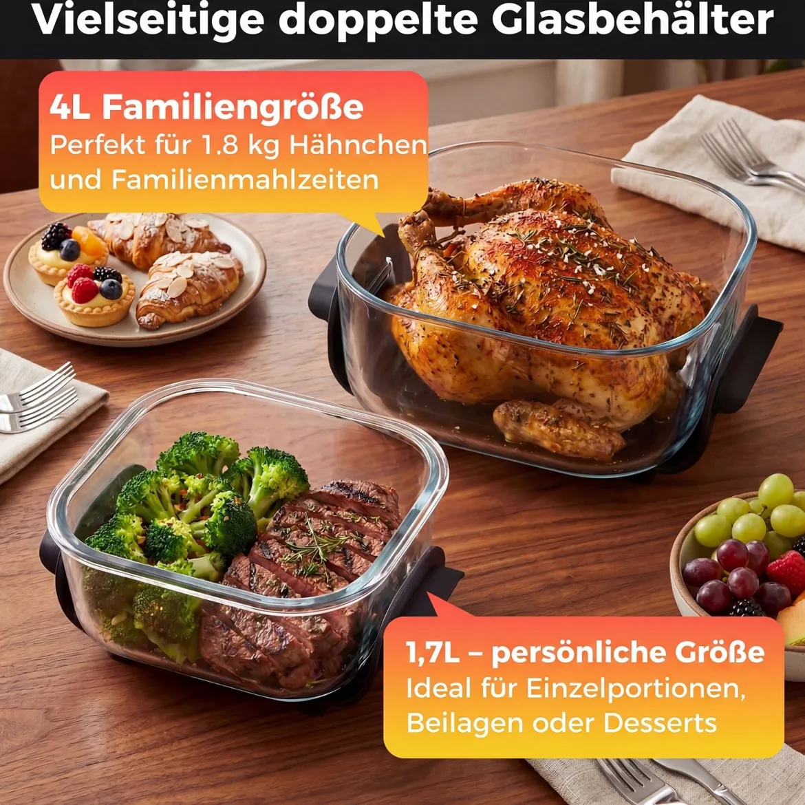 Tragbare 6-in-1 Heißluftfritteuse Heißluftfrittieren und Backen 4 L & 1,7 L Glasbehälter 1500 W Blau/Schwarz
