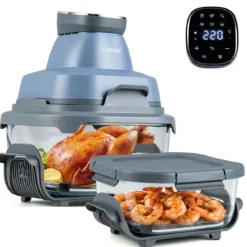 Tragbare 6-in-1 Heißluftfritteuse Heißluftfrittieren und Backen 4 L & 1,7 L Glasbehälter 1500 W Blau/Schwarz