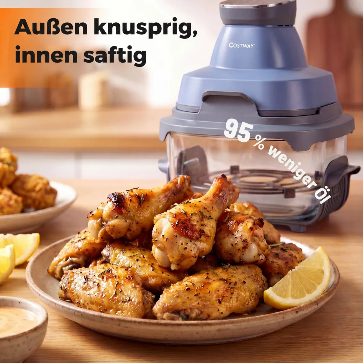 Tragbare 6-in-1 Heißluftfritteuse Heißluftfrittieren und Backen 4 L & 1,7 L Glasbehälter 1500 W Blau/Schwarz