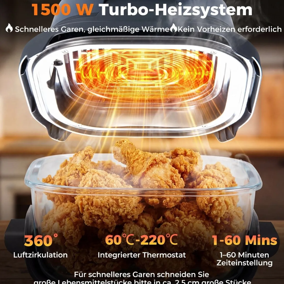 Tragbare 6-in-1 Heißluftfritteuse Heißluftfrittieren und Backen 4 L & 1,7 L Glasbehälter 1500 W Blau/Schwarz