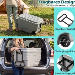 Tragbare Kühlbox auf Rollen Wetterfeste Isolierbox mit Klappbarem Zuggriff & 2 Leichtgängigen Rollen Grau 98 L