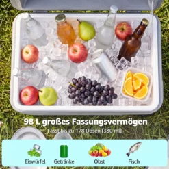 Tragbare Kühlbox auf Rollen Wetterfeste Isolierbox mit Klappbarem Zuggriff & 2 Leichtgängigen Rollen Grau 98 L