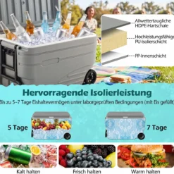 Tragbare Kühlbox auf Rollen Wetterfeste Isolierbox mit Klappbarem Zuggriff & 2 Leichtgängigen Rollen Grau 98 L
