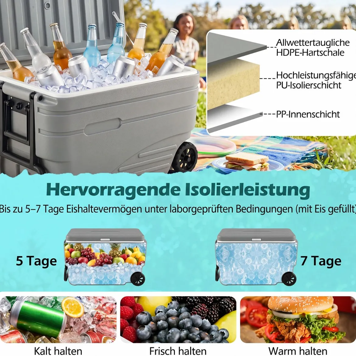 Tragbare Kühlbox auf Rollen Wetterfeste Isolierbox mit Klappbarem Zuggriff & 2 Leichtgängigen Rollen Grau 98 L