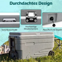 Tragbare Kühlbox auf Rollen Wetterfeste Isolierbox mit Klappbarem Zuggriff & 2 Leichtgängigen Rollen Grau 98 L