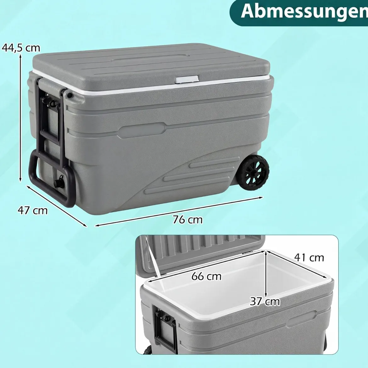 Tragbare Kühlbox auf Rollen Wetterfeste Isolierbox mit Klappbarem Zuggriff & 2 Leichtgängigen Rollen Grau 98 L