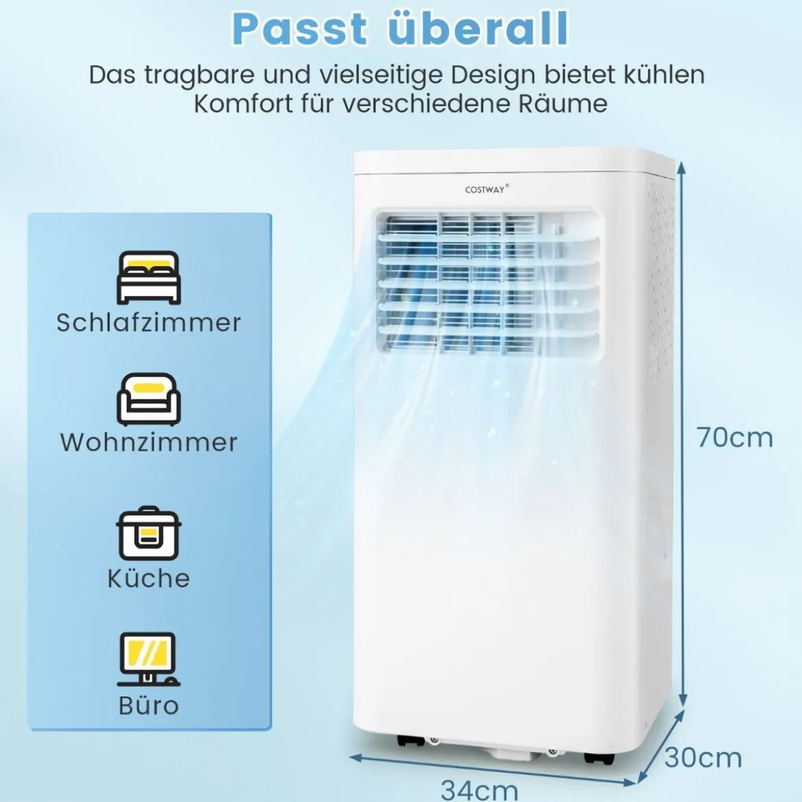 Tragbare Klimaanlage mit 2,5 KW Leistung 4-in-1-Raumkühler mit integriertem Luftentfeuchter