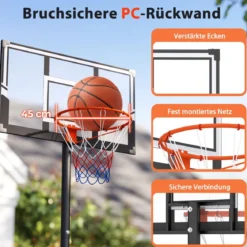 Tragbarer Basketballkorb Höhenverstellbares Basketballtor-System von 1 bis 3 m mit schlagfestem Rückbrett Schwarz