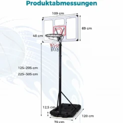 Tragbarer Basketballständer 125-305cm Höhenverstellbarer Basketballkorb mit 109cm Bruchsicherem Backboard