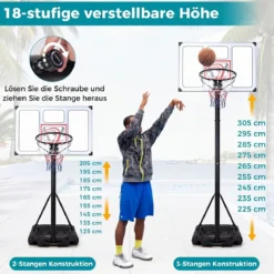 Tragbarer Basketballständer 125-305cm Höhenverstellbarer Basketballkorb mit 109cm Bruchsicherem Backboard