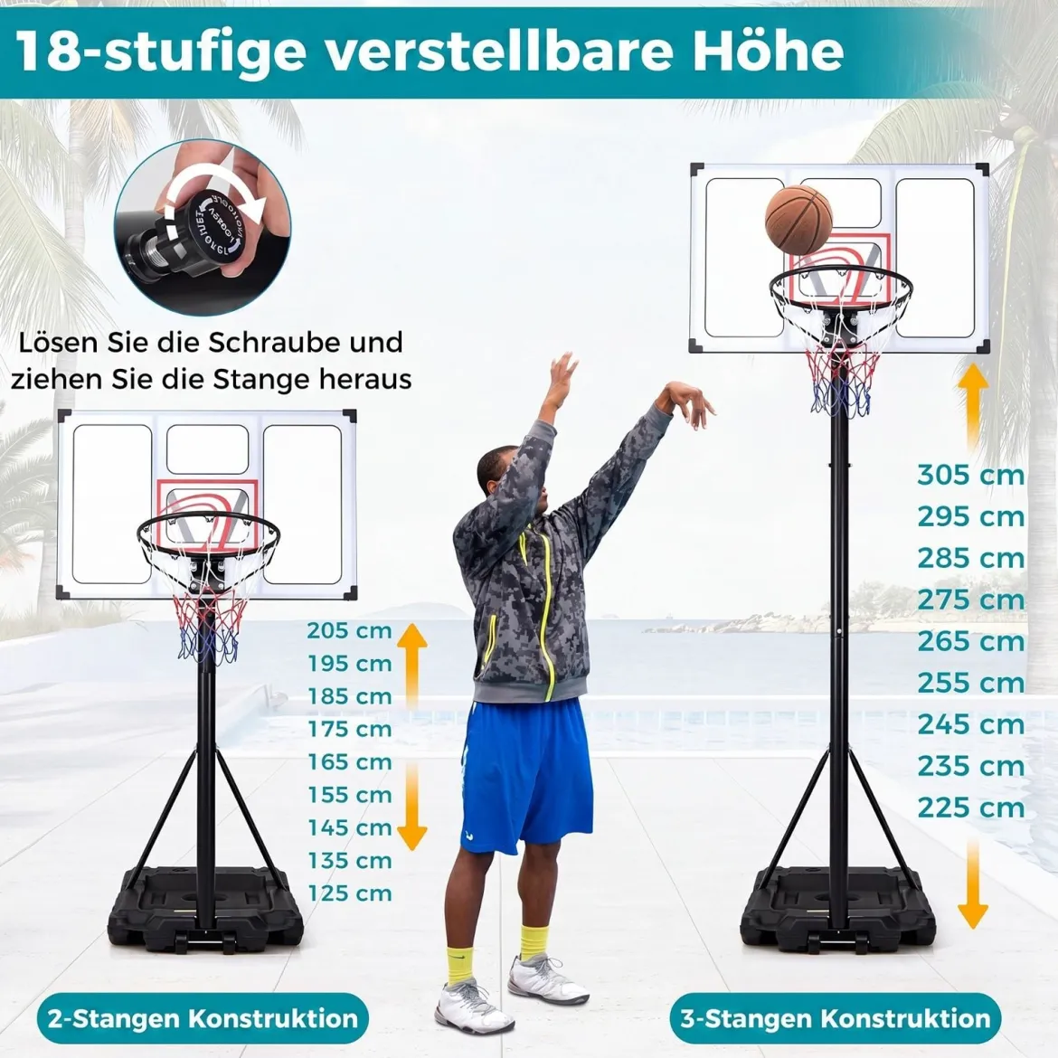 Tragbarer Basketballständer 125-305cm Höhenverstellbarer Basketballkorb mit 109cm Bruchsicherem Backboard