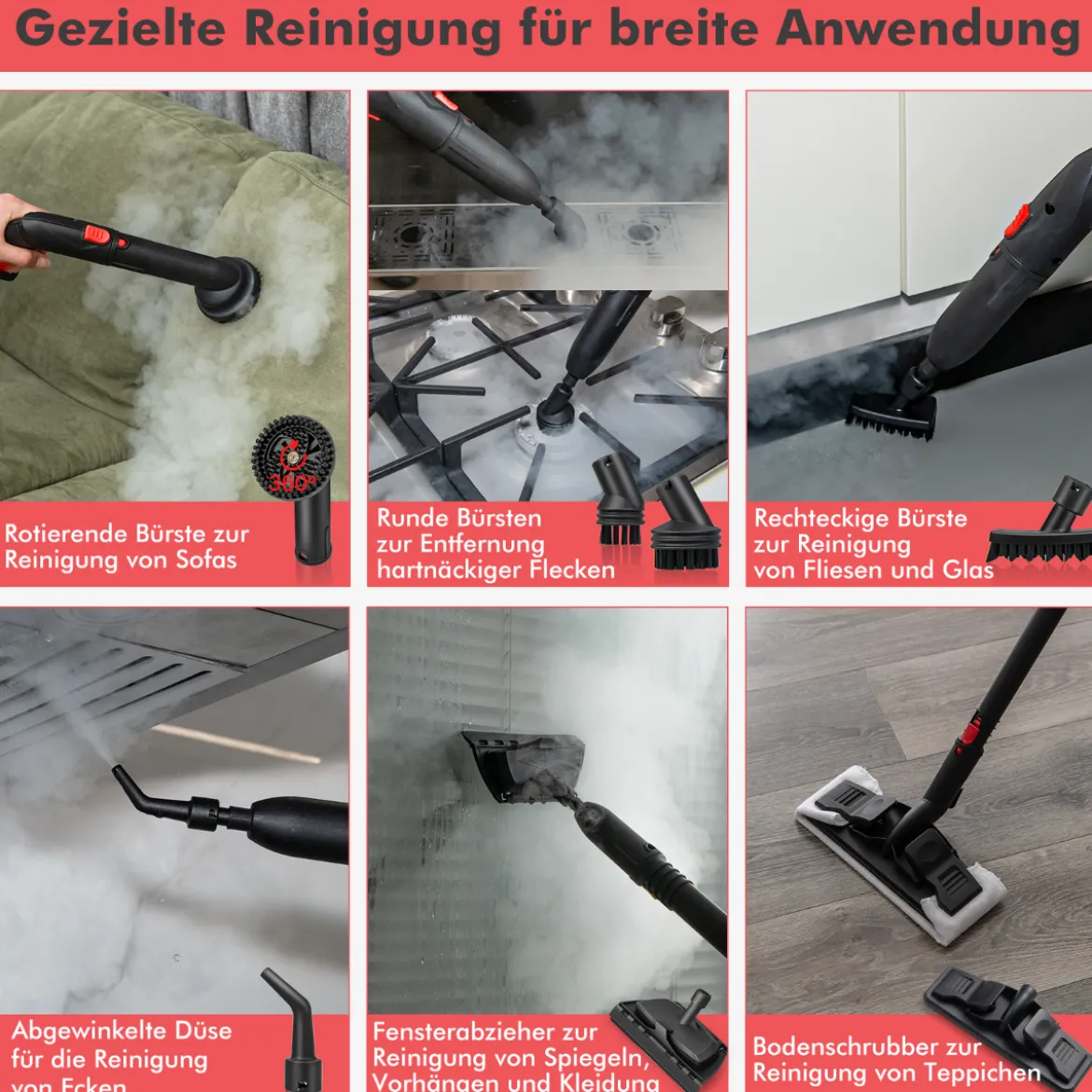 Tragbarer Dampfreiniger 2000W Hochdruck-Dampfreiniger mit 15-teiligem Zubehör vielseitiger Dampfmopp Rot