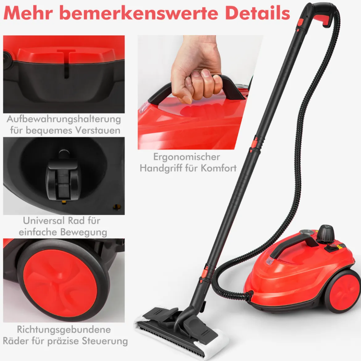 Tragbarer Dampfreiniger 2000W Hochdruck-Dampfreiniger mit 15-teiligem Zubehör vielseitiger Dampfmopp Rot
