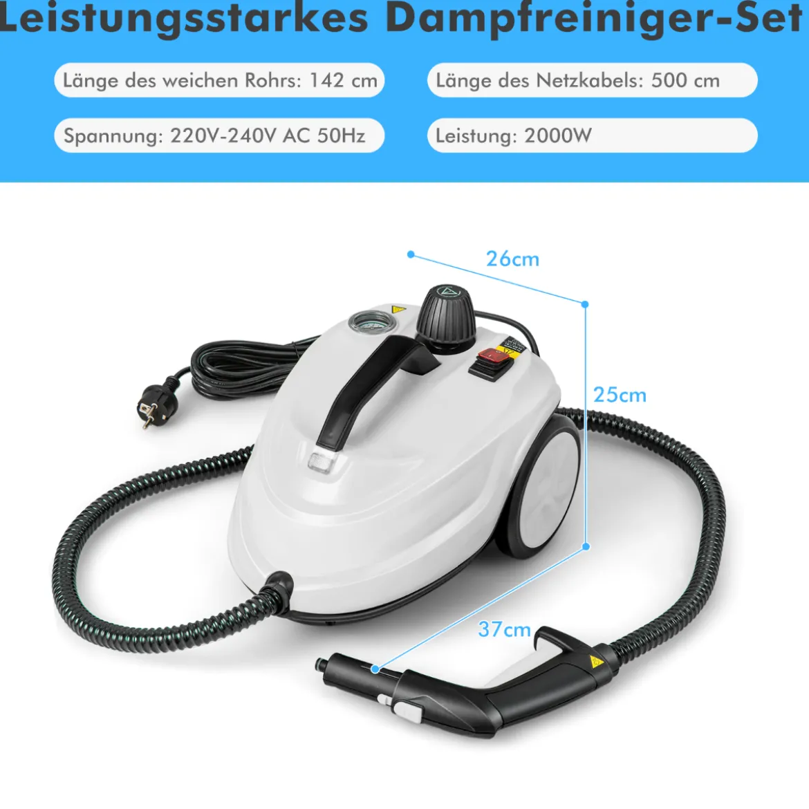 Tragbarer Dampfreiniger 2000W Hochdruck-Dampfreiniger mit 15-teiligem Zubehör vielseitiger Dampfmopp Weiß
