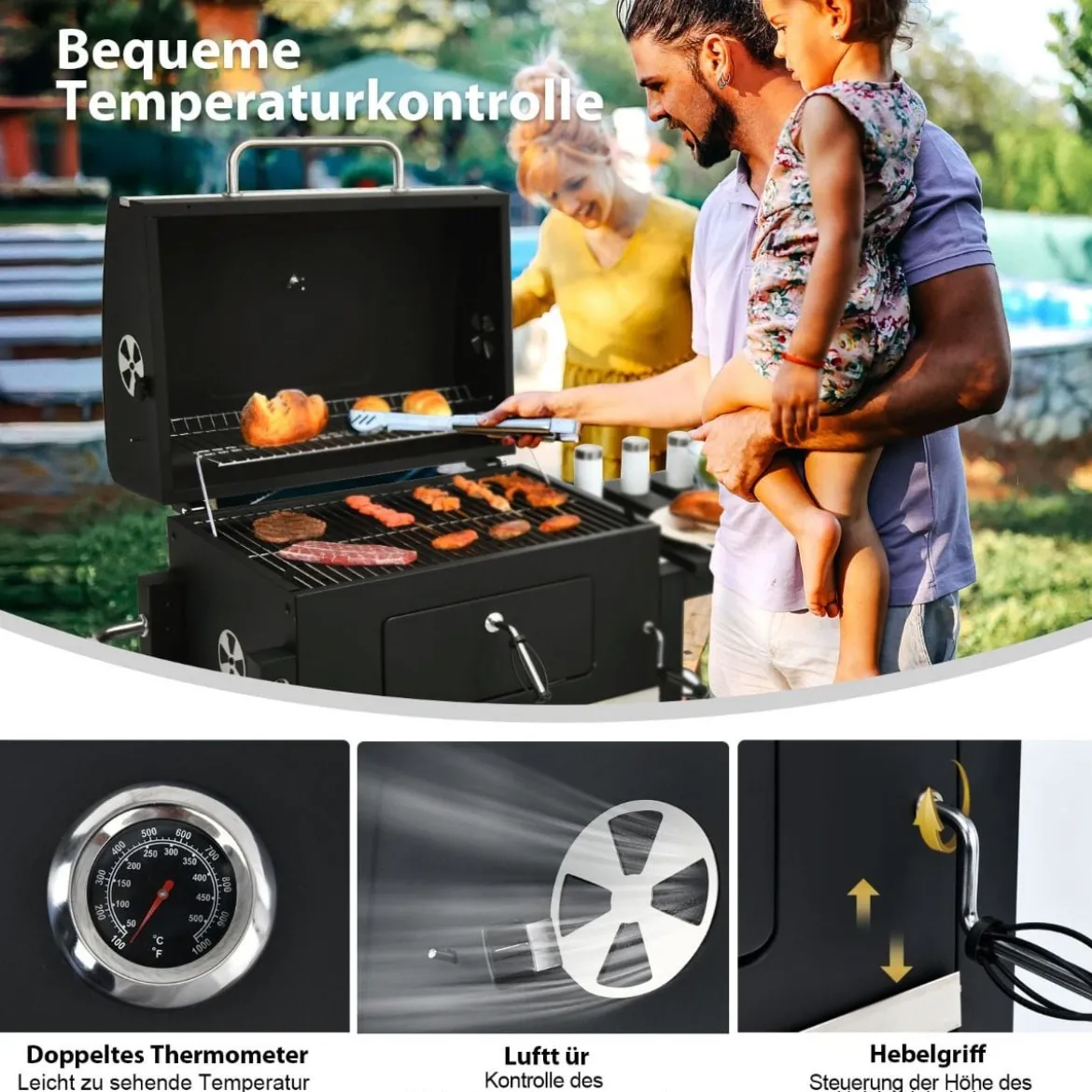 Tragbarer Holzkohlegrill Terrassengrill mit Rädern kohlegrill Holzkohle Grillwagen Schwarz