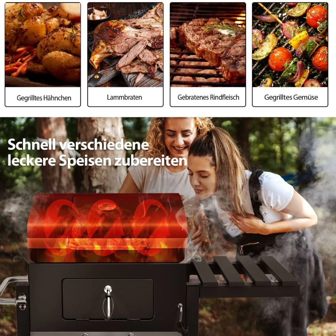 Tragbarer Holzkohlegrill Terrassengrill mit Rädern kohlegrill Holzkohle Grillwagen Schwarz