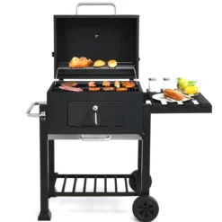 Tragbarer Holzkohlegrill Terrassengrill mit Rädern kohlegrill Holzkohle Grillwagen Schwarz
