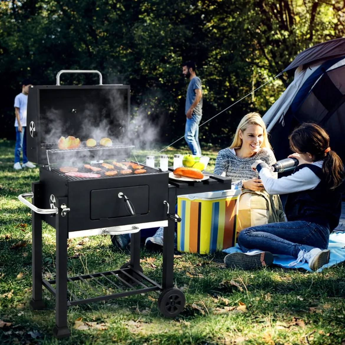 Tragbarer Holzkohlegrill Terrassengrill mit Rädern kohlegrill Holzkohle Grillwagen Schwarz
