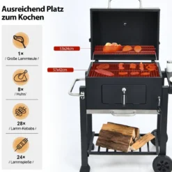 Tragbarer Holzkohlegrill Terrassengrill mit Rädern kohlegrill Holzkohle Grillwagen Schwarz