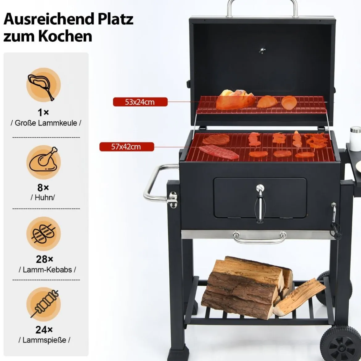 Tragbarer Holzkohlegrill Terrassengrill mit Rädern kohlegrill Holzkohle Grillwagen Schwarz