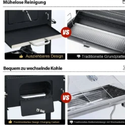 Tragbarer Holzkohlegrill Terrassengrill mit Rädern kohlegrill Holzkohle Grillwagen Schwarz