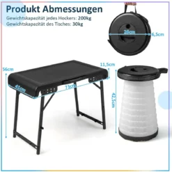 Tragbarer Klapptisch mit 2 LED Teleskophockern Campingtisch & höhenverstellbarer Hocker bis 200 kg belastbar