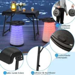 Tragbarer Klapptisch mit 2 LED Teleskophockern Campingtisch & höhenverstellbarer Hocker bis 200 kg belastbar